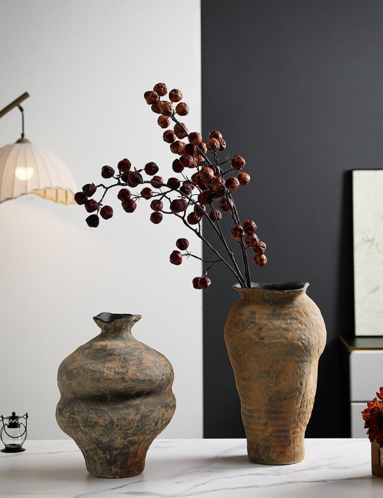 Hand-Thrown Stoneware Vase — Textured, Earth-Toned, Asymmetrical - Stone