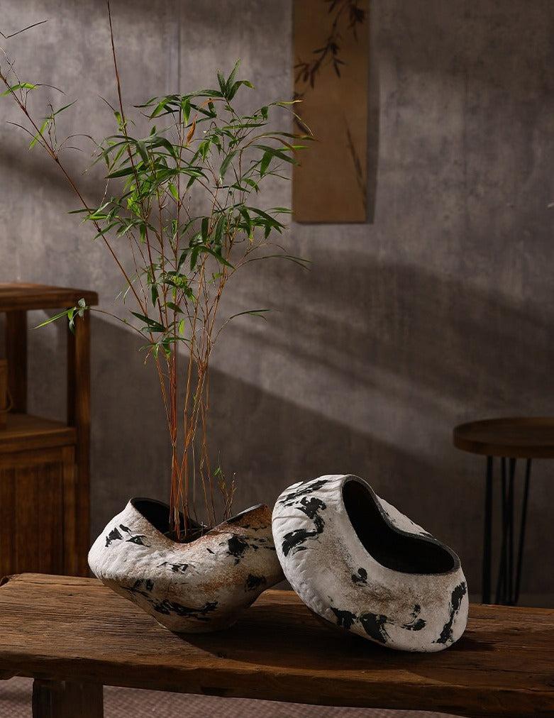 Hand-Thrown Sculptural Planter — Organic Form, Ink Splash Glaze